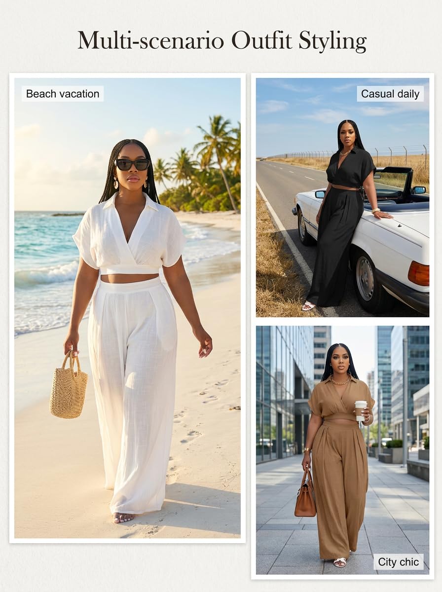 Ekaliy Women Two Piece Crop Top Flowy Wide Leg Pants Set Summer Outfits | Lightweight breathable fabric,batwing V-neck crop top,elastic waist wide leg lined pants with pockets for casual wear.