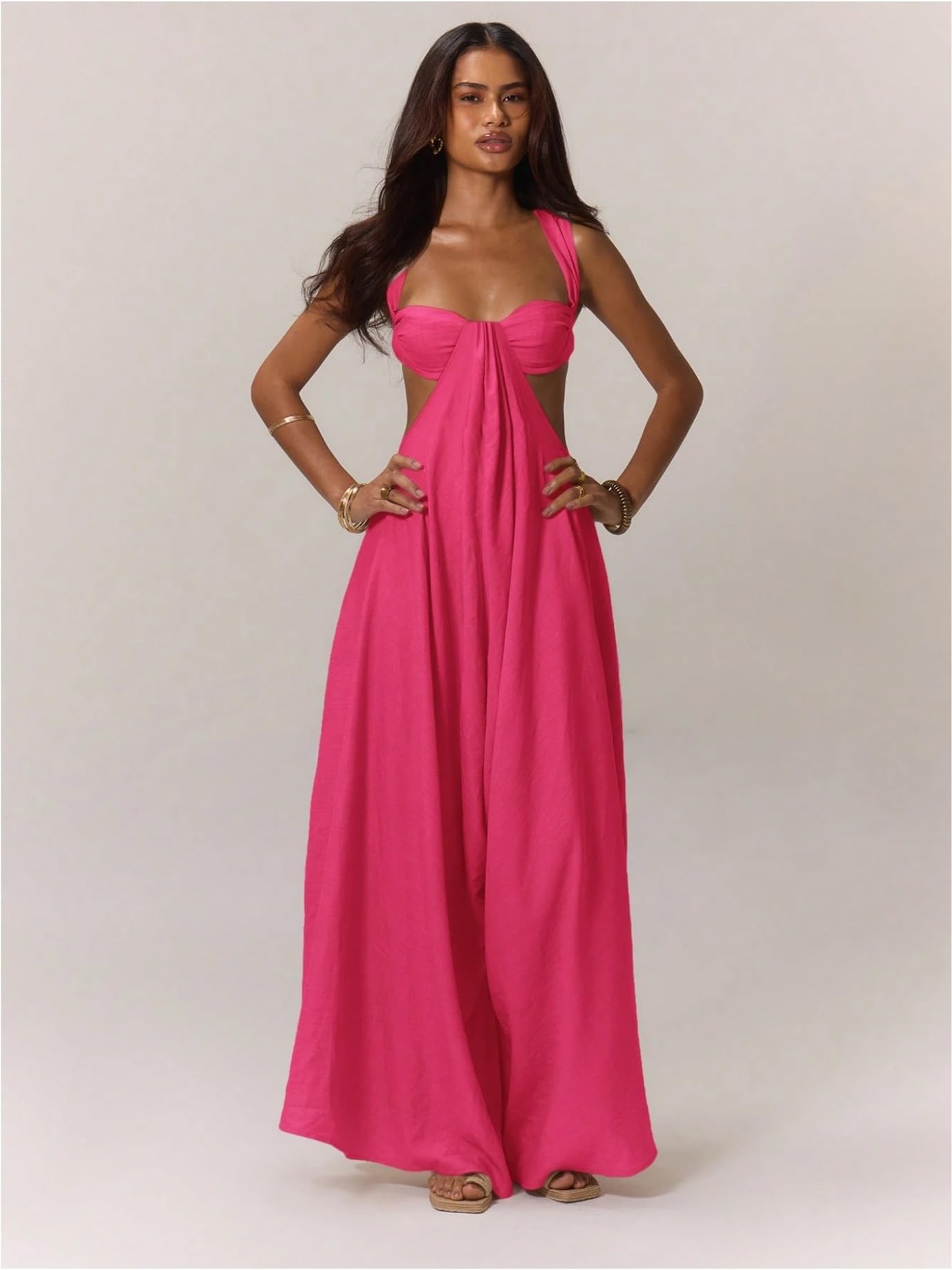 REASERAL Womens Casual Jumpsuit Halter Hollow Out Backless Top Wide Leg Pants Summer Vacation Jumpsuit