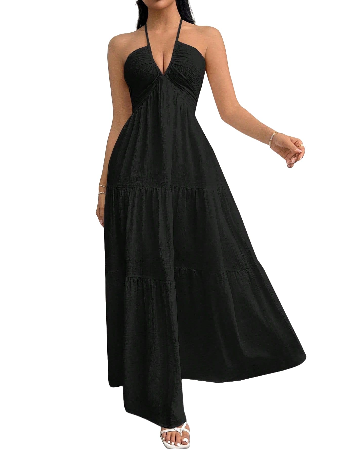 Narecte Women's Maxi Summer Dresses Halter V Neck Beach Dresses for Women A-Line Casual Dress for Vacation