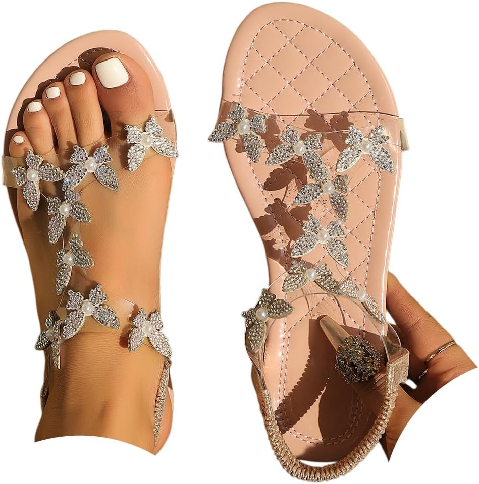 Women's Butterfly Rhinestone Flat Sandals Glitter Sparkly Bling Strappy Open Toe Elegant Transparent Elastic Strap Gladiator Sandals for Dressy Summer Wedding Bridal Prom Travel Daily Wear