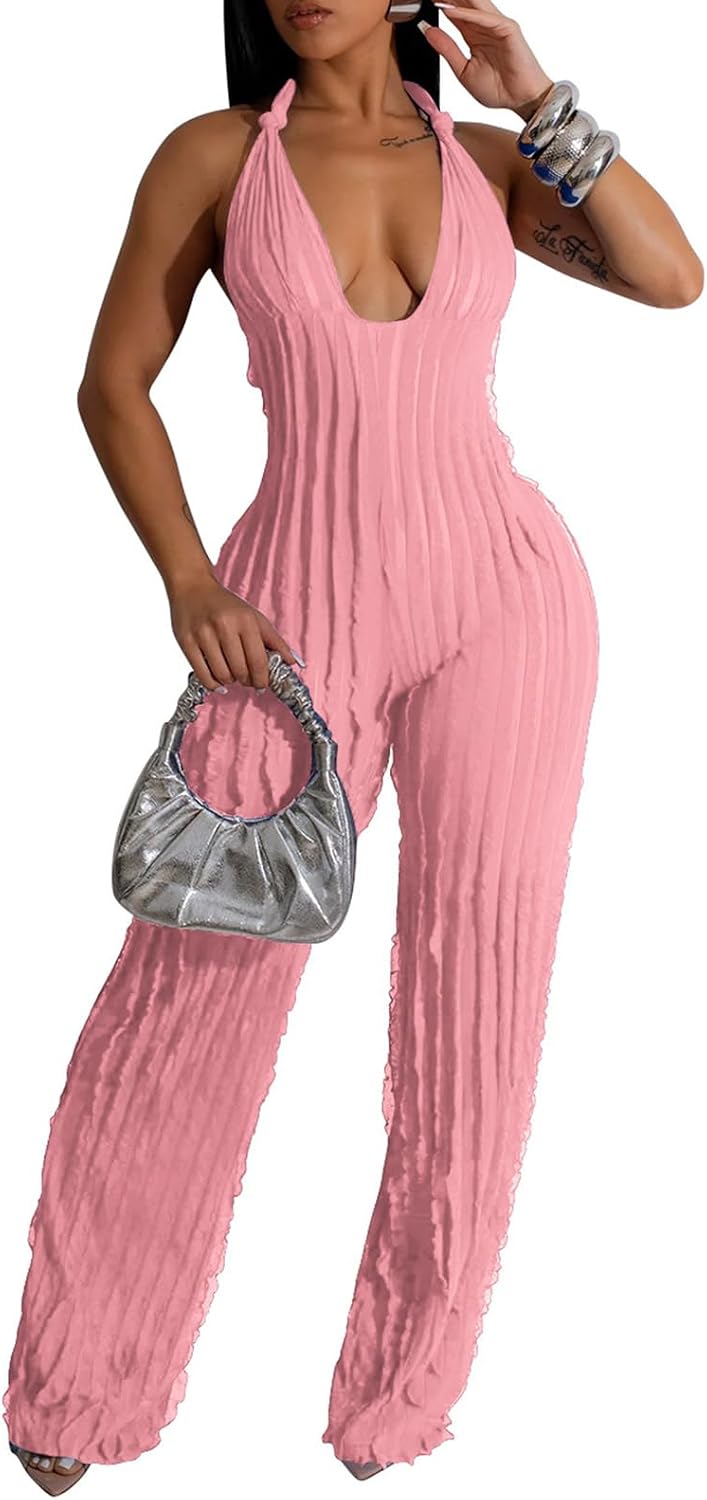 YBSKG Summer Halter Backless Jumpsuits for Women One Piece Wide Long Pants | Sexy See Through V Neck Tie Pleated One Piece Wide Leg Long Pants Romper