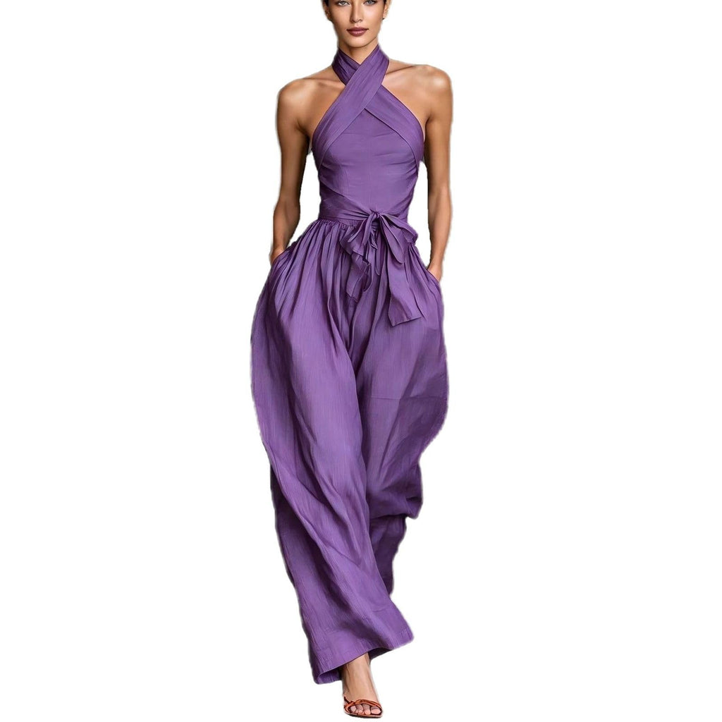 Backless Rompers for Women Casual Ink Printed Sleeveless High Waist Wide Leg Jumpsuit Sexy Halter Boho Vacation Party Outfits