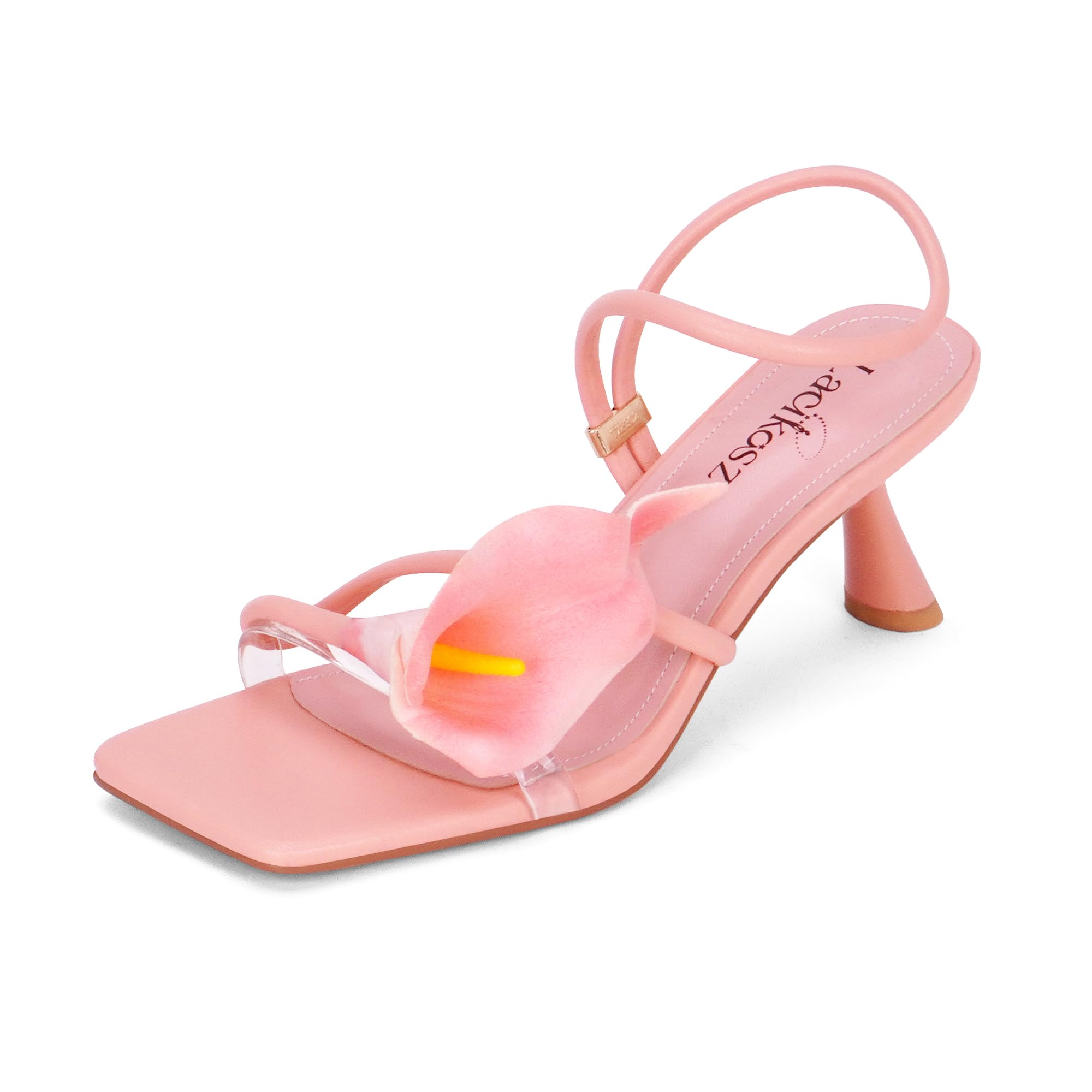 LACIKOSZ Flower Kitten Heel Sandals for Women Calla Lily Green Heels Square Open Toe Floral Strappy Low Heel Sandals Summer Dressy Wedding Shoes