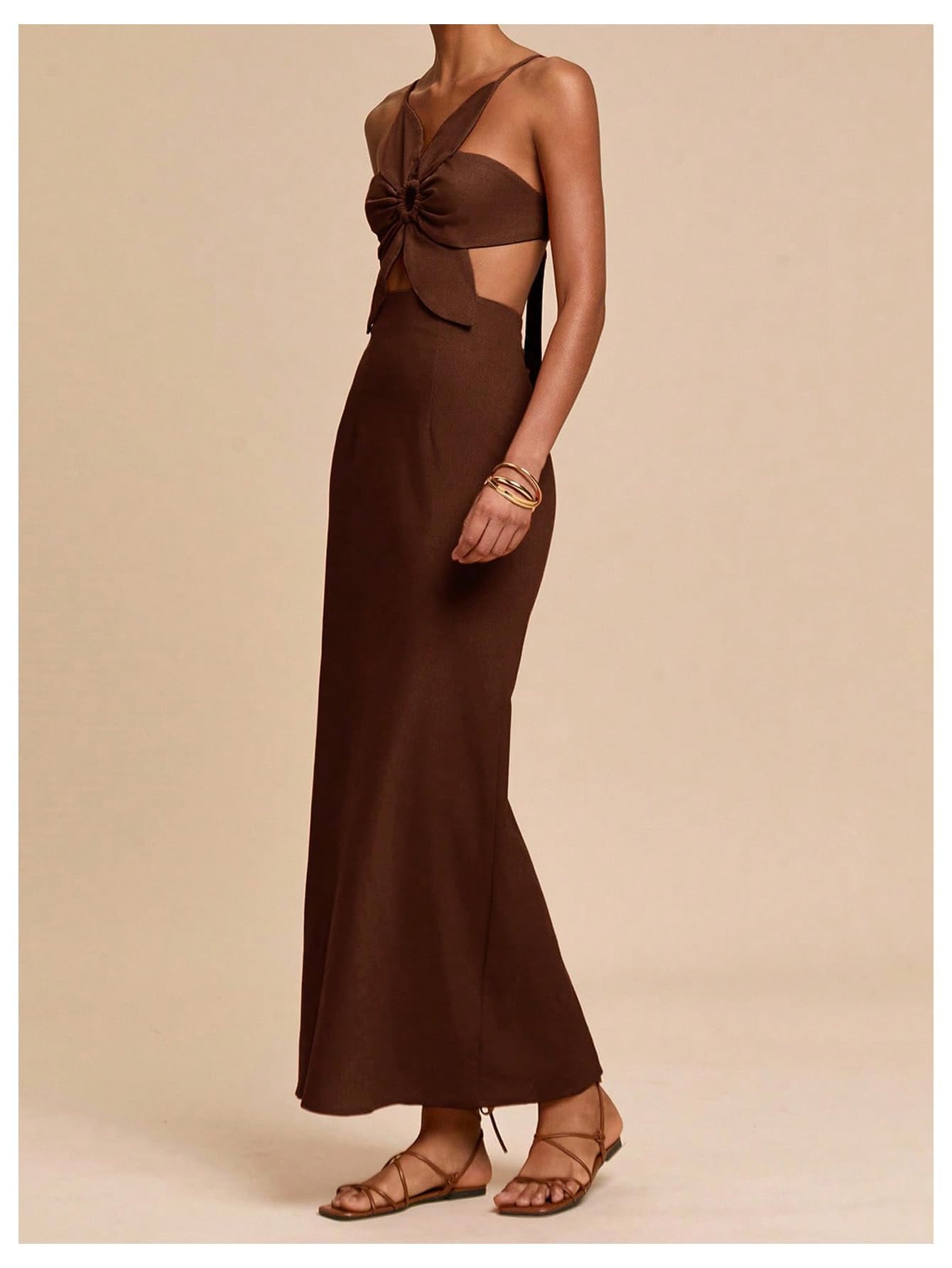 SHENHE Women's Petal Backless Linen Maxi Dress Cut Out Vacation Dresses | Keyhole, Spaghetti Strap, Open Back, Long Dress, Zipper, Summer, Date Night, Cami Dresses