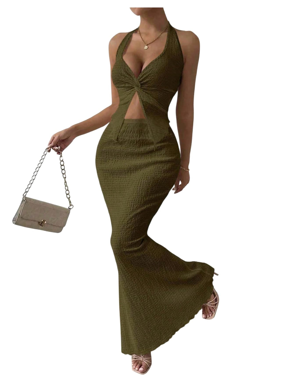 SOLY HUX Women's 2 Piece Outfit Twist Front Halter Cami Skirt Summer Set | Summer Vacation Outfits, Maxi Skirt Set