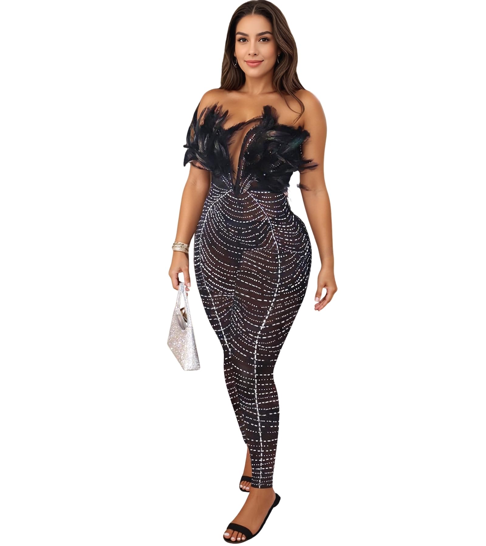 PORRCEY Sexy Rhinestone Jumpsuit for Women Mesh See Through Romper Clubwear