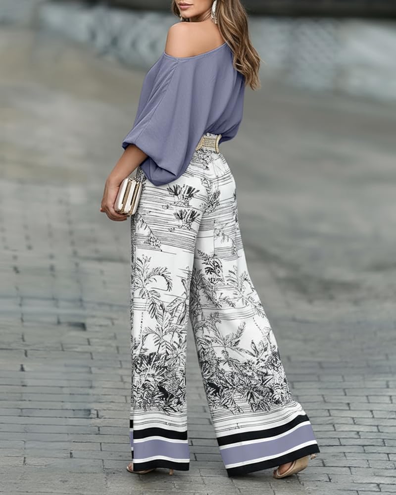 CHICME Women 2 Piece Summer Outfit Off Shoulder Flowy Wide Leg Pants Set | Off Shoulder, Lantern Sleeve Matching Set, 2 Piece Sets for Women Dressy, Vacation Travel Airport Outfits