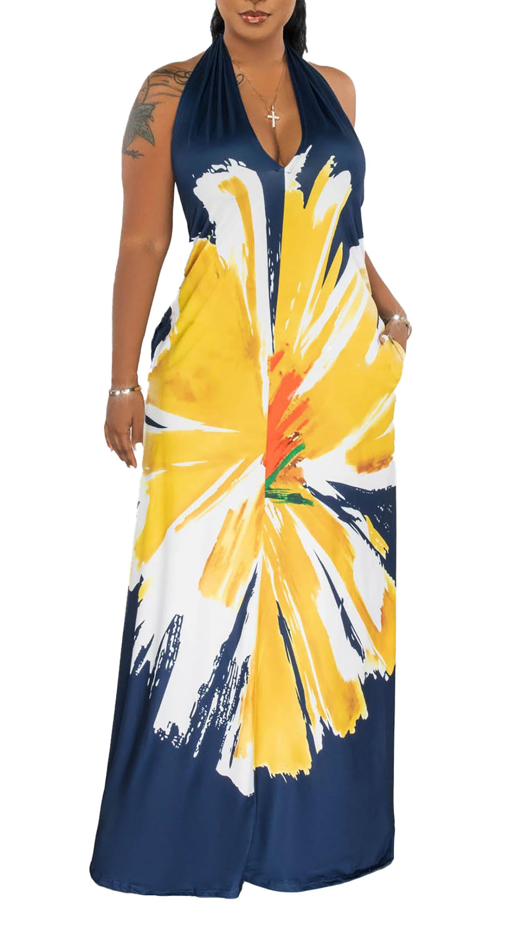 Womens Sexy Summer Dresses Halter Neck Plus Size Long Maxi Dress Casual Floral Beach Sun Dresses with Pockets