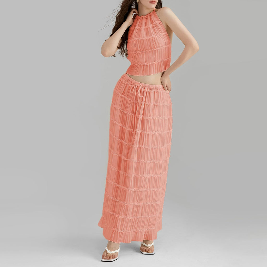 Women Y2K Skirt Set Outfits Strapless Crop Top Bodycon Midi Skirt Dress Sexy 2 Piece Knit Outfits Skirt Summer