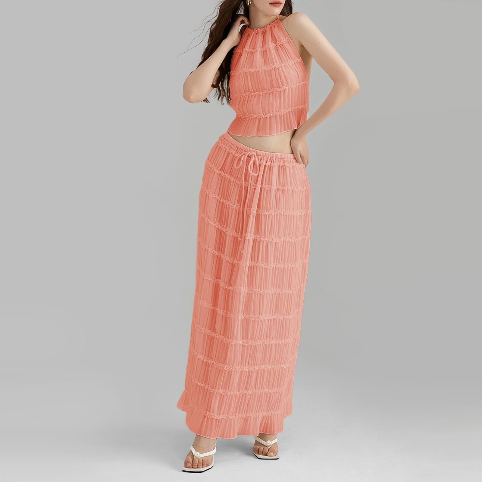 Women Y2K Skirt Set Outfits Strapless Crop Top Bodycon Midi Skirt Dress Sexy 2 Piece Knit Outfits Skirt Summer