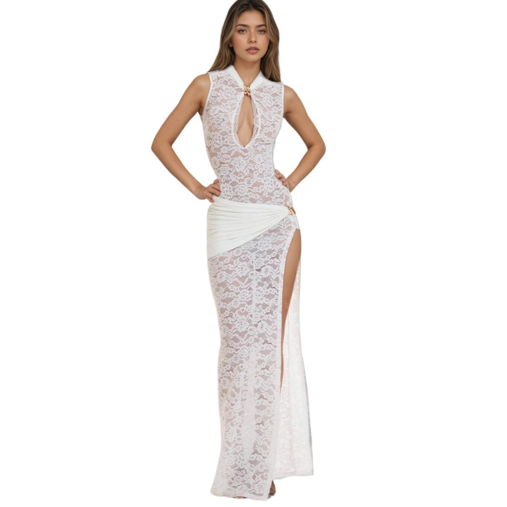 OCUH Black Lace Dress Sheer Maxi Dresses Sexy Outfit for Women Going Out High Slit Skirt Bodycon Vacation Party Wear