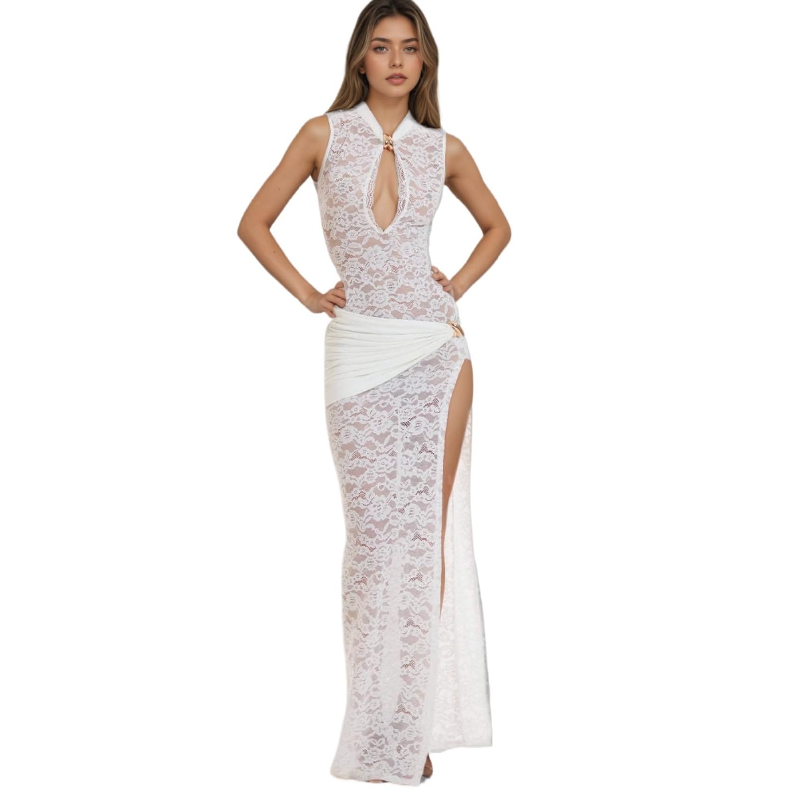 OCUH Black Lace Dress Sheer Maxi Dresses Sexy Outfit for Women Going Out High Slit Skirt Bodycon Vacation Party Wear