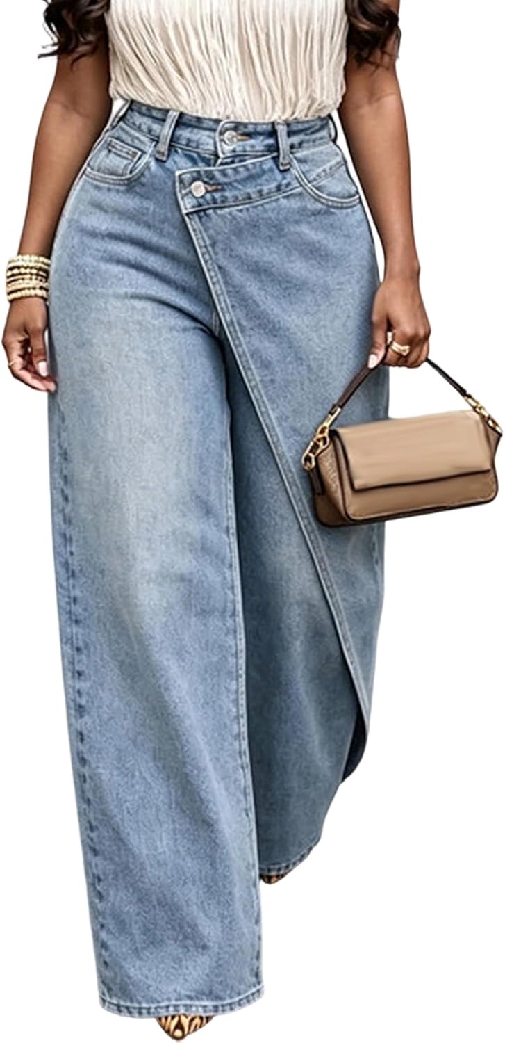 SHINFY Women's Wide Leg Jeans Asymmetric High Waisted Baggy Denim Pants | Trendy Vintage Baggy Boyfriend Denim Trousers with a Relaxed Fit for Streetwear Travel Weekends and Daily Wear