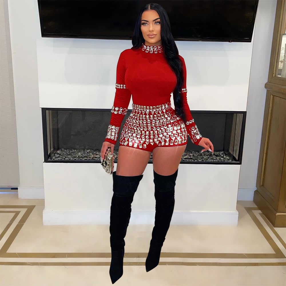 chicyes Women's Jumpsuits Sexy Long Sleeve Date Night Rompers Rhinestone Sparkly Party Club Spring Outfits Fall Concert