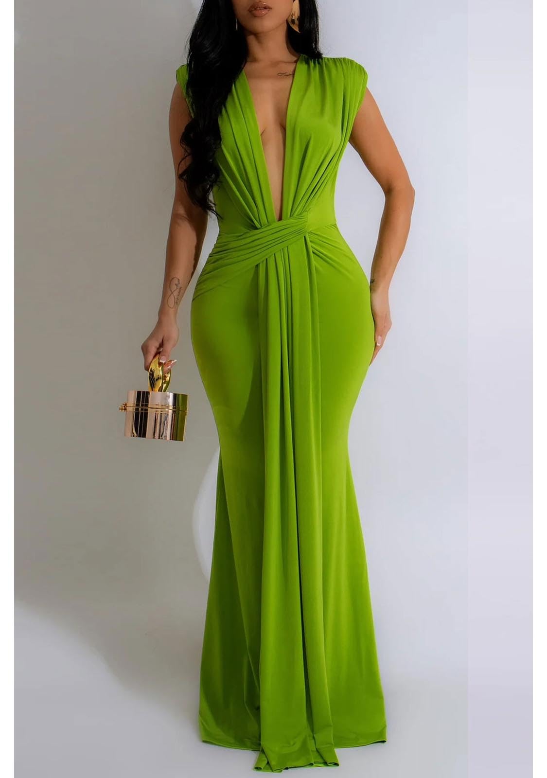 Yuopeid Women's Sexy Sleeveless Deep V Neck Fashion Ruched Bodycon Floor Length Formal Evening Party Maxi Long Dress