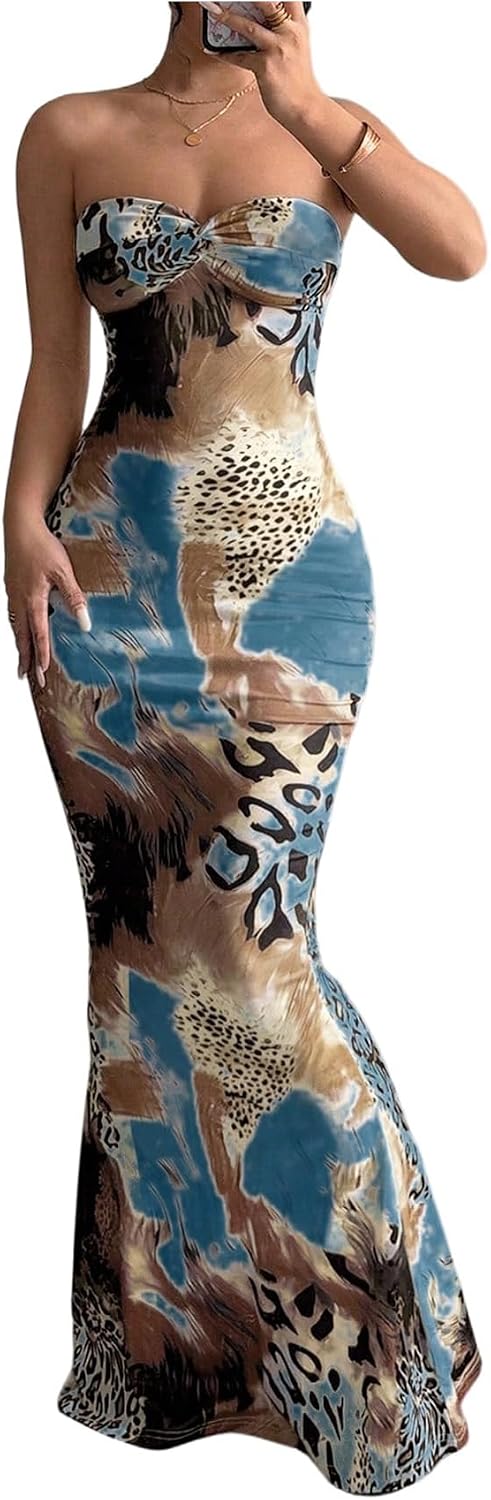 GORGLITTER Women's Leopard Print Strapless Maxi Dress Cheetah Print Outfits | Tube Top Dress, Bodycon, Animal Leopard Print, Fishtail, Maxi Dresses for Vacation, Prom, Party