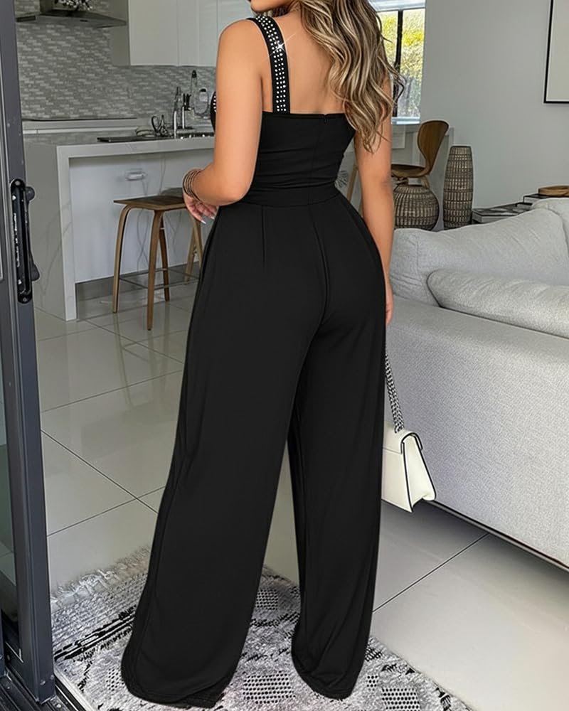 Women Rhinestone Sleeveless Wide Leg Jumpsuit with Pockets | Elegant Rhinestone Sleeveless Jumpsuit with Wide Leg Fit and Pockets for Party, Vacation & Night Out