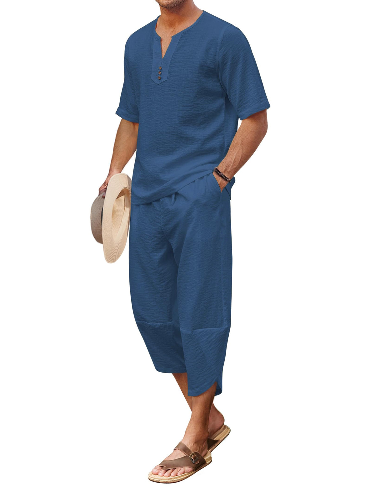 COOFANDY Men's 2 Pieces Linen Set Henley Shirt Short Sleeve and Harem Capri Pants Wide Leg Baggy Beach Yoga Trousers Outfits