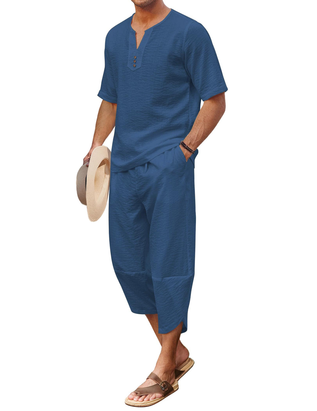COOFANDY Men's 2 Pieces Linen Set Henley Shirt Short Sleeve and Harem Capri Pants Wide Leg Baggy Beach Yoga Trousers Outfits