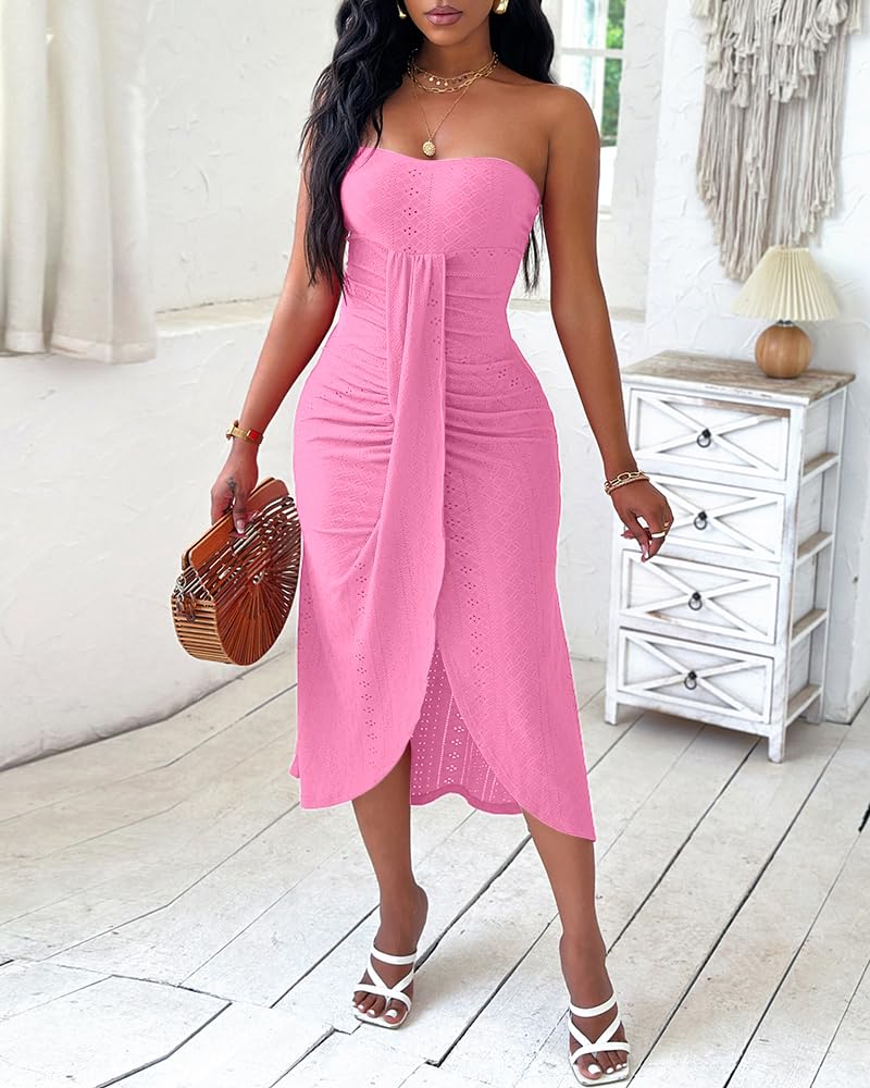 CHICME Women's Strapless Bodycon Maxi Dress Asymmetrical Hem | Ruched Wrap Detail, Eyelet Embroidery, Soft Stretch Fabric, Tube Top Neckline, Beach Vacation Wear, Wedding Guest Outfit