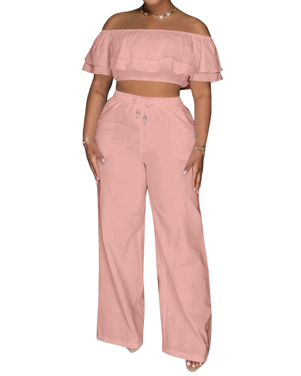 Adogirl 2 Piece Outfits for Women Ruffle Trim Crop Top Wide Leg Pants Set | 2 Piece Sets, Outfit for Women, Off Shoulder, Short Sleeve, Wide Leg Pants with Pockets, Sexy Outfits, Vacation Outfits