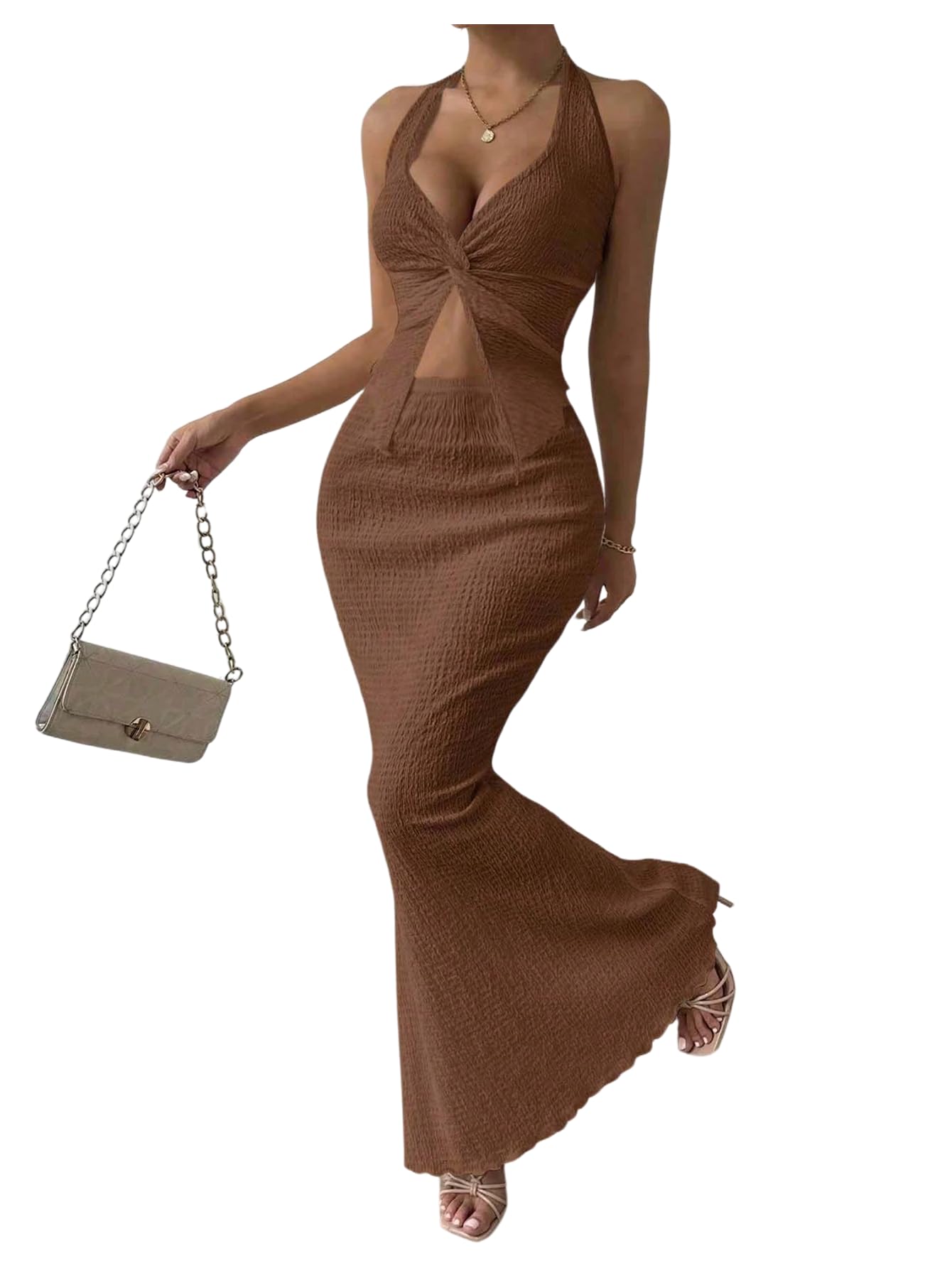 SOLY HUX Women's 2 Piece Outfit Twist Front Halter Cami Skirt Summer Set | Summer Vacation Outfits, Maxi Skirt Set
