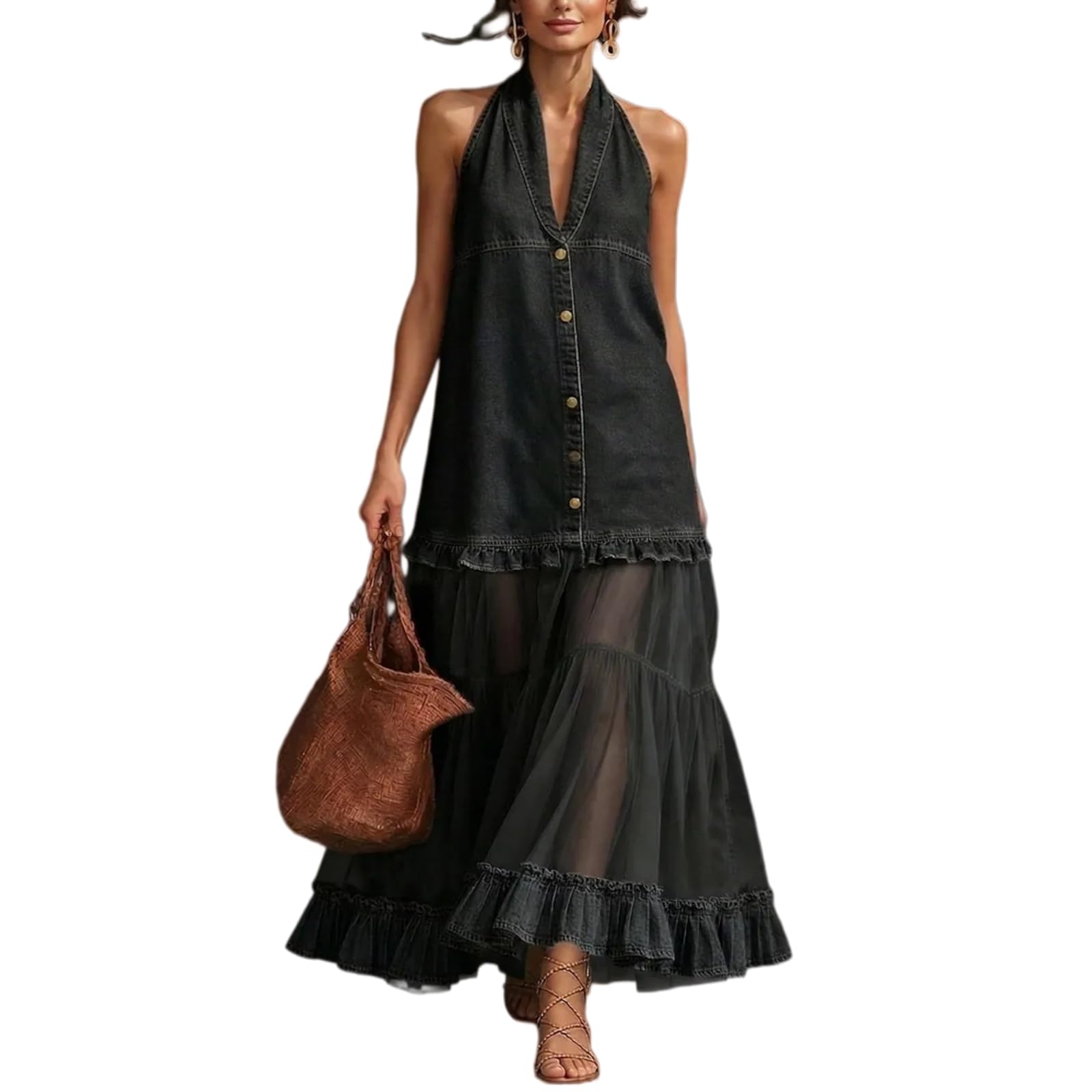 Women's Washed Faux Denim Patchwork Maxi Dress with Sheer Layered Skirt Hem Swing Ruffle Jean Dress for Casual Vacations