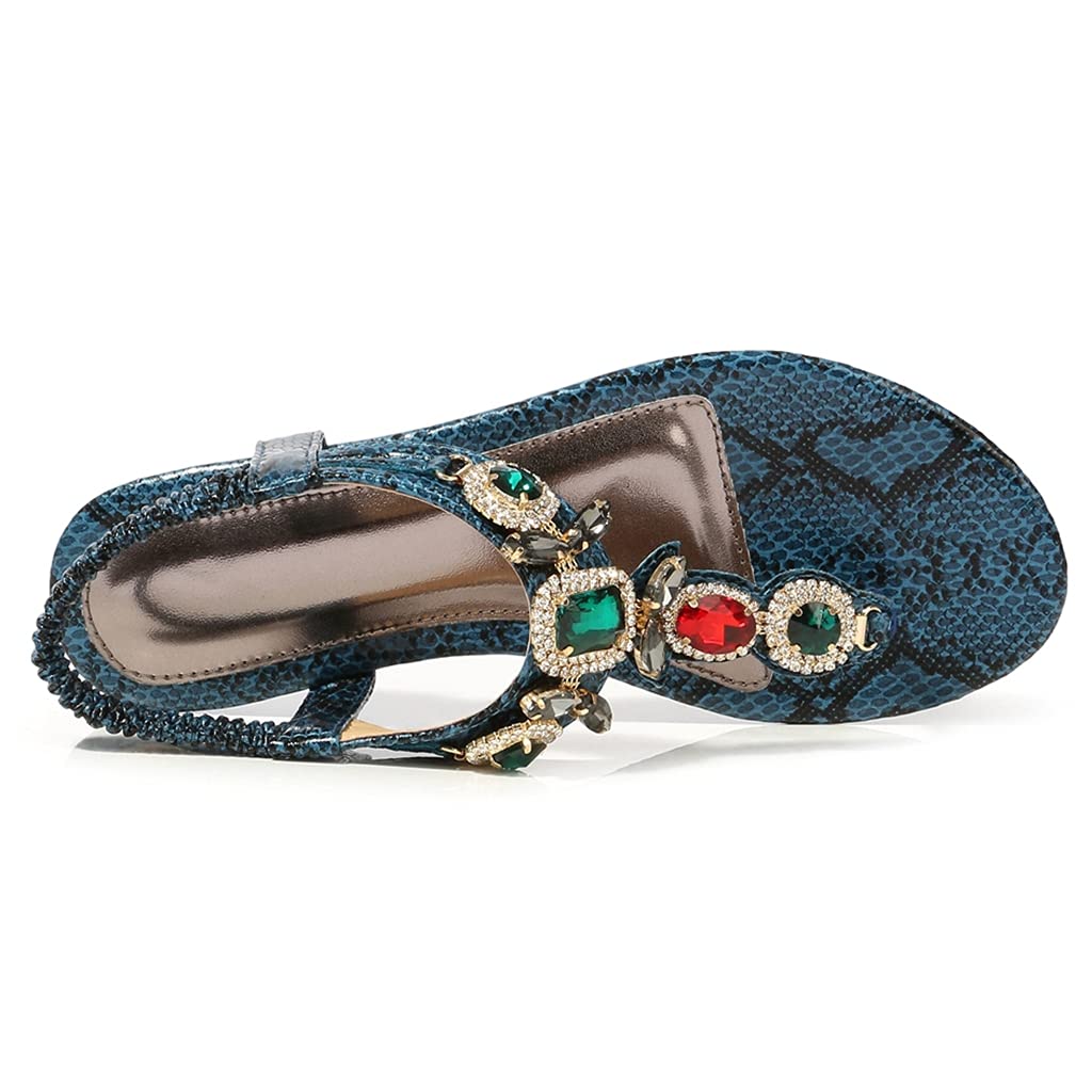 MIOKE Women's Bohemia Bling Jeweled Flat Sandals T-strap Clip Toe Cutout Slingback Summer Beach Flipflops