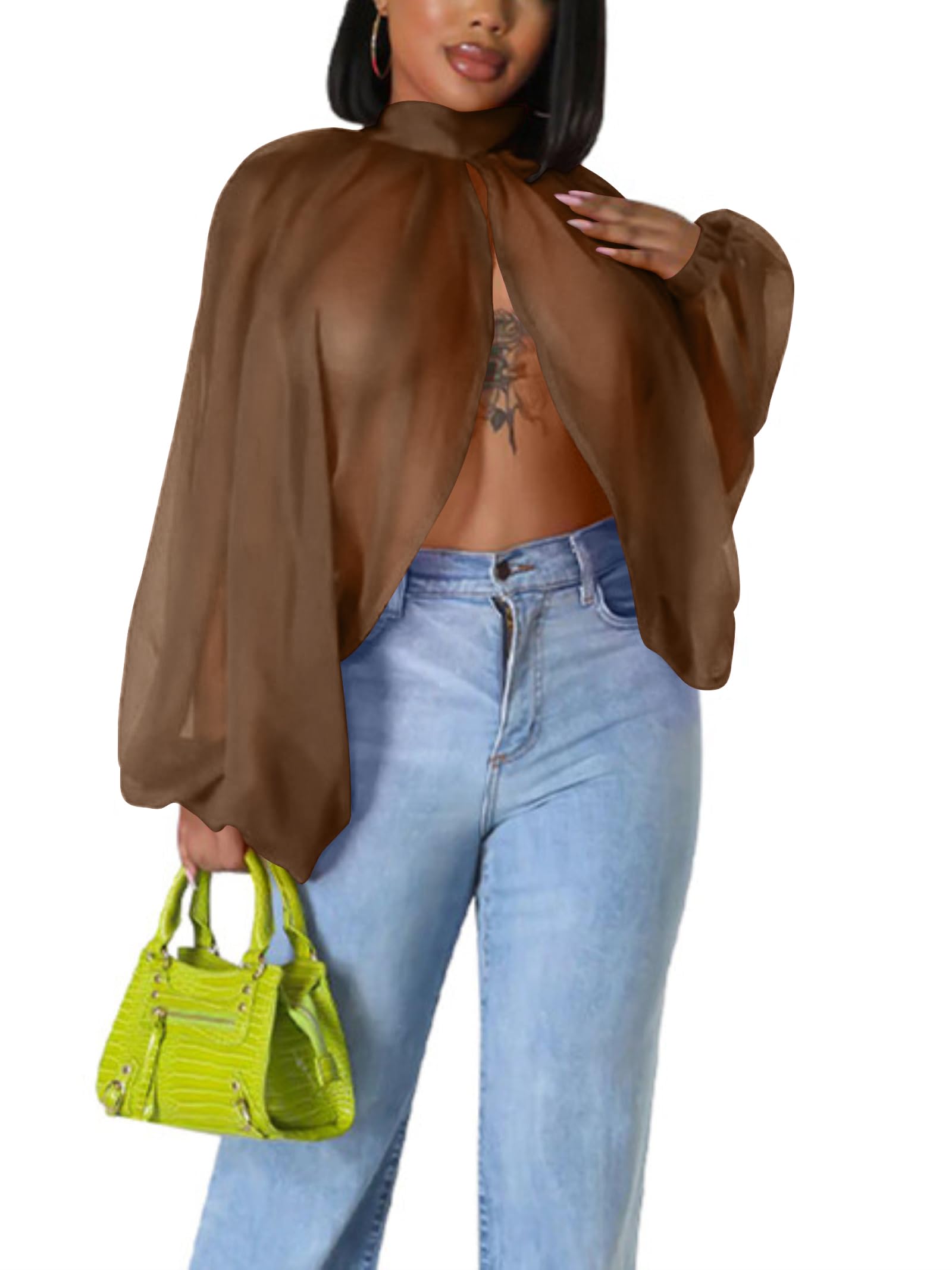 Sexy Tops for Women Party Club Night Batwing Sleeve Chiffon Blouse | Floral Print Blouse Shirts,Puff Sleeve,Going out Tops,Front Open Style,Lantern Sleeve Boho Chiffon Fall Tops 2026
