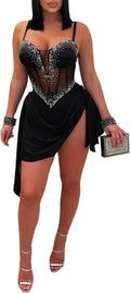 Geulis Women Rhinestone Mini Birthday Dresses Mesh Bodysuit Bodycon Dress | Sexy Sheer Bustier Corset, Asymmetrical Draped Skirt, Sparkly Clubwear for Birthday, Prom, Cocktail and Night Out