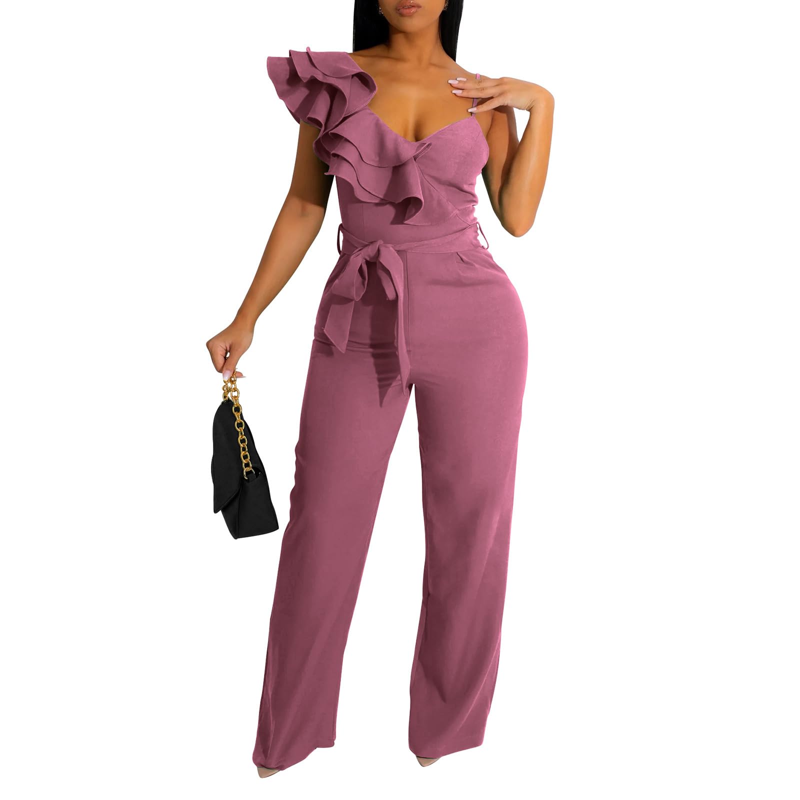 kaimimei Womens Casual Jumpsuits Ruffle One Shoulder Wide Leg Belted Romper | Designed with Pockets,Adjustable Strap,Sexy V-Neck Sleeveless,Backless,for Parties, Clubs,Wedding,Event,Outing