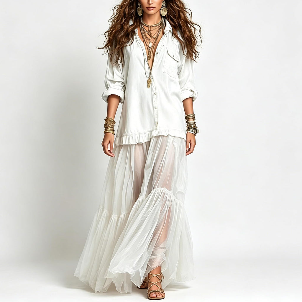 Women's Washed Faux Denim Patchwork Maxi Dress with Sheer Layered Skirt Hem Swing Ruffle Jean Dress for Casual Vacations