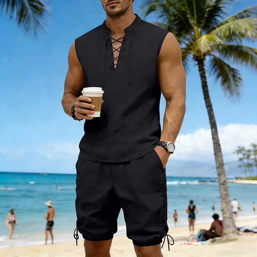 Cambkatl 2 Piece Outfits for Men Lightweight Linen Shorts Set Laceup V Neck Sleeveless Tank Top Matching Sets with Pockets