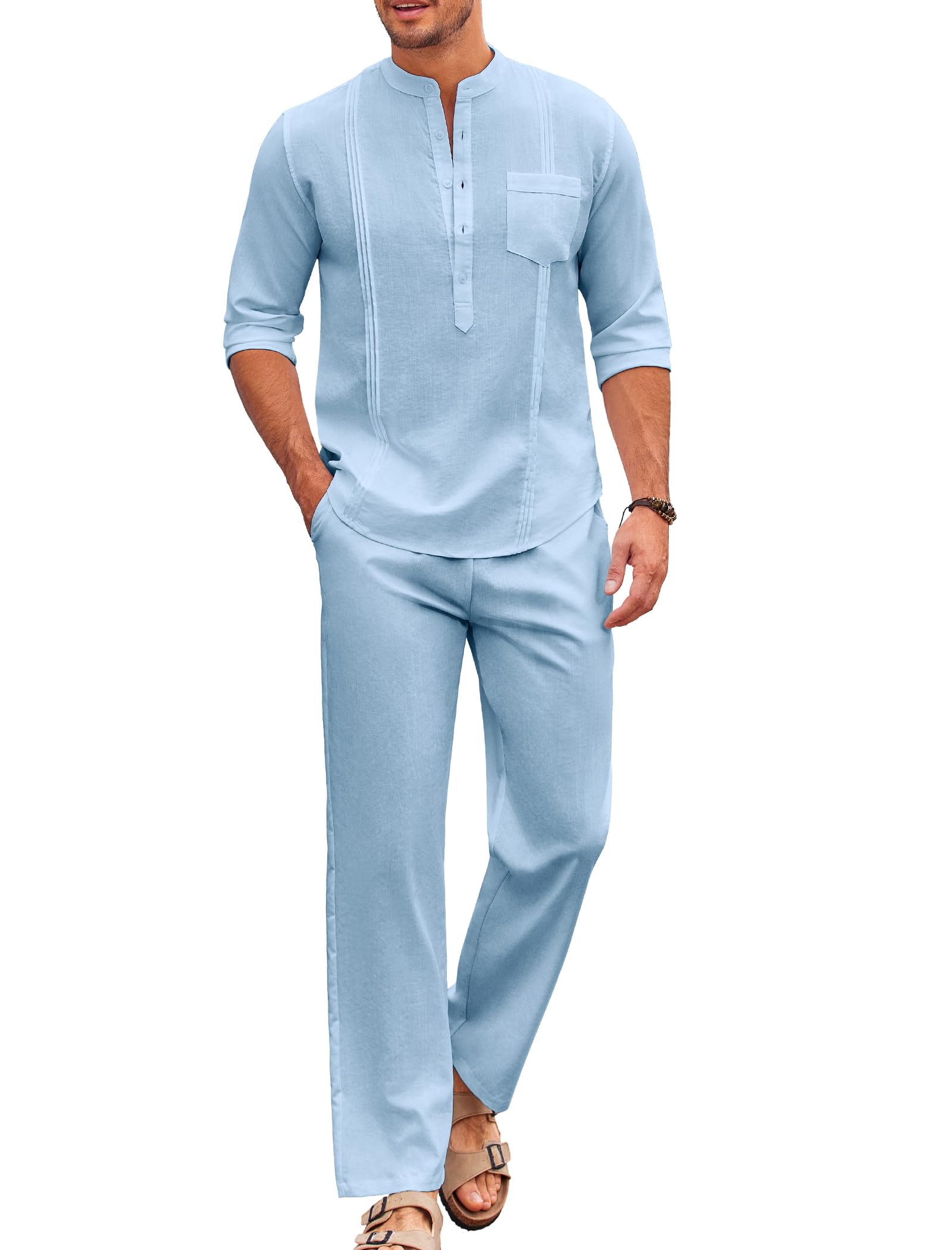 COOFANDY Men's 2 Piece Cotton Sets Casual Long Sleeve Cuban Henley Shirt and Loose Pants Set Beach Vacation Outfits