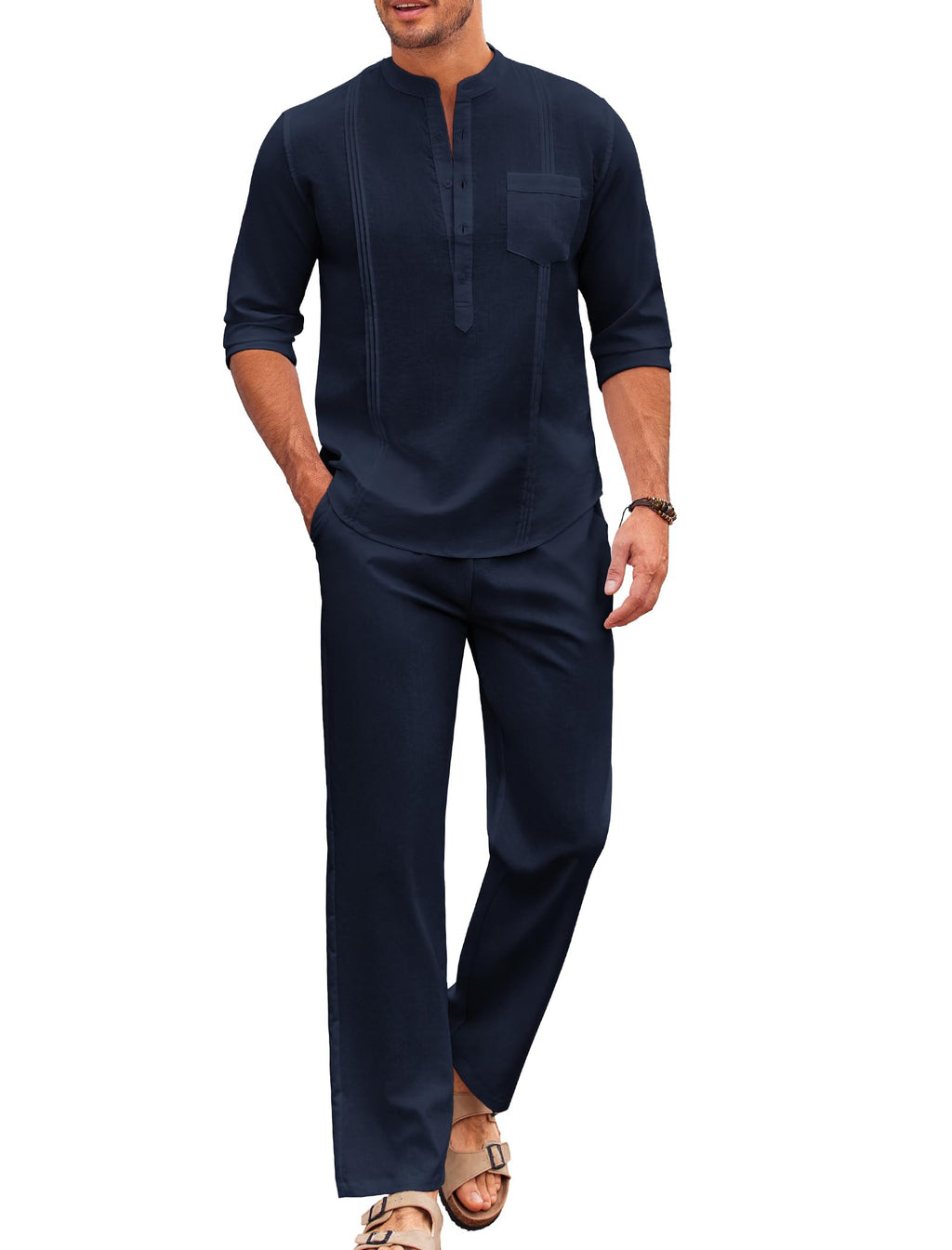 COOFANDY Men's 2 Piece Cotton Sets Casual Long Sleeve Cuban Henley Shirt and Loose Pants Set Beach Vacation Outfits