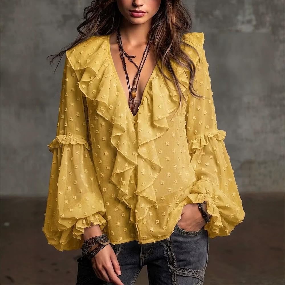 Long Sleeve Blouse for Women Sexy V Neck Polka Dot Ruffles Shirt Trendy Top Fall Elegant Going Out Tops