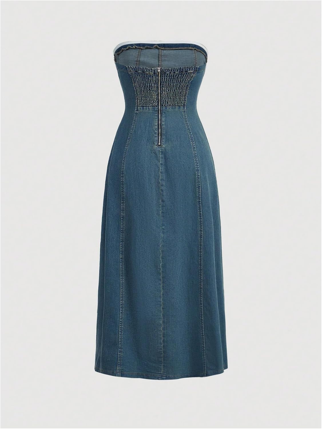 MakeMeChic Women's Denim Dress Tube Sleeveless A Line High Split Dress | Ruffle Trim, Stretchy, Long Denim Dress, Elegant Jean Dress for Wedding Party Concert