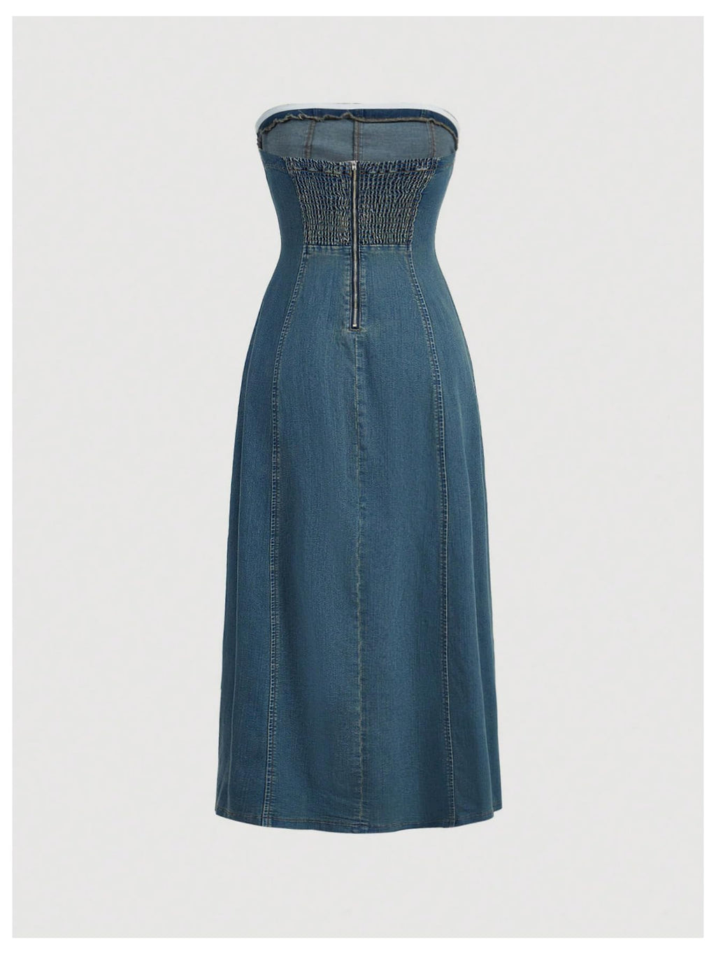 MakeMeChic Women's Denim Dress Tube Sleeveless A Line High Split Dress | Ruffle Trim, Stretchy, Long Denim Dress, Elegant Jean Dress for Wedding Party Concert