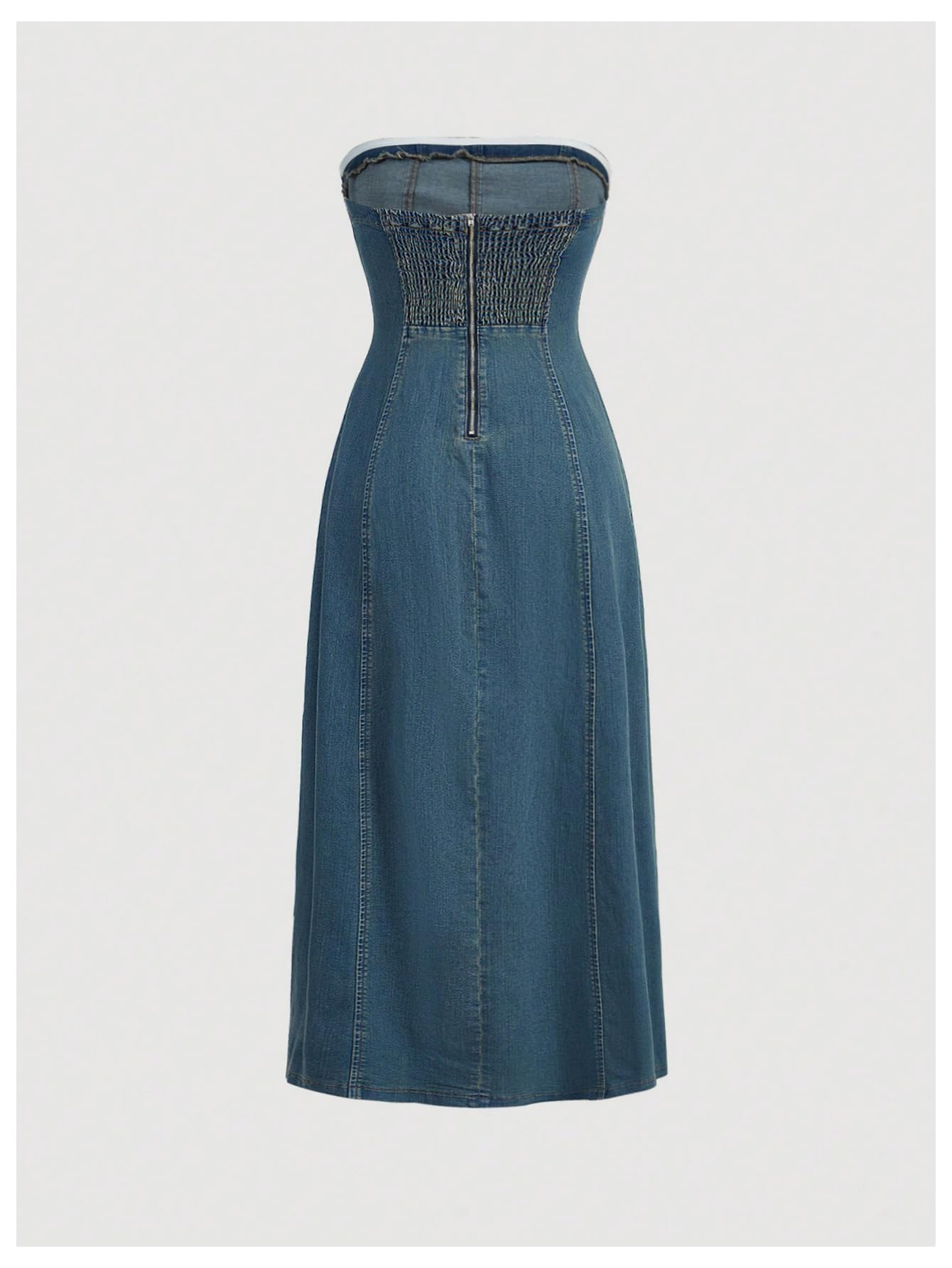 MakeMeChic Women's Denim Dress Tube Sleeveless A Line High Split Dress | Ruffle Trim, Stretchy, Long Denim Dress, Elegant Jean Dress for Wedding Party Concert