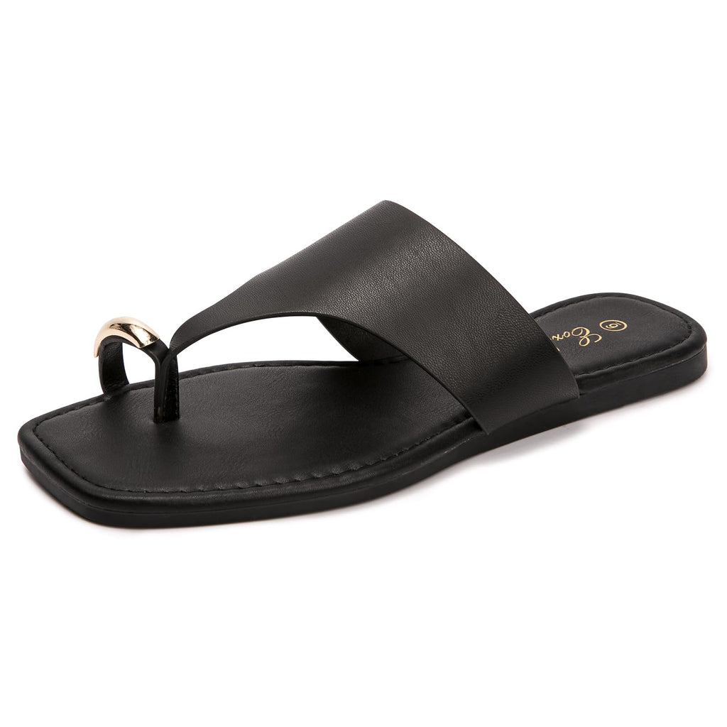 Eozlink Women's Toe Ring Flat Sandals, Slip On Dressy Summer Slides | PU Upper with Square Toe and Metal Accent for Resort and Casual Outfits