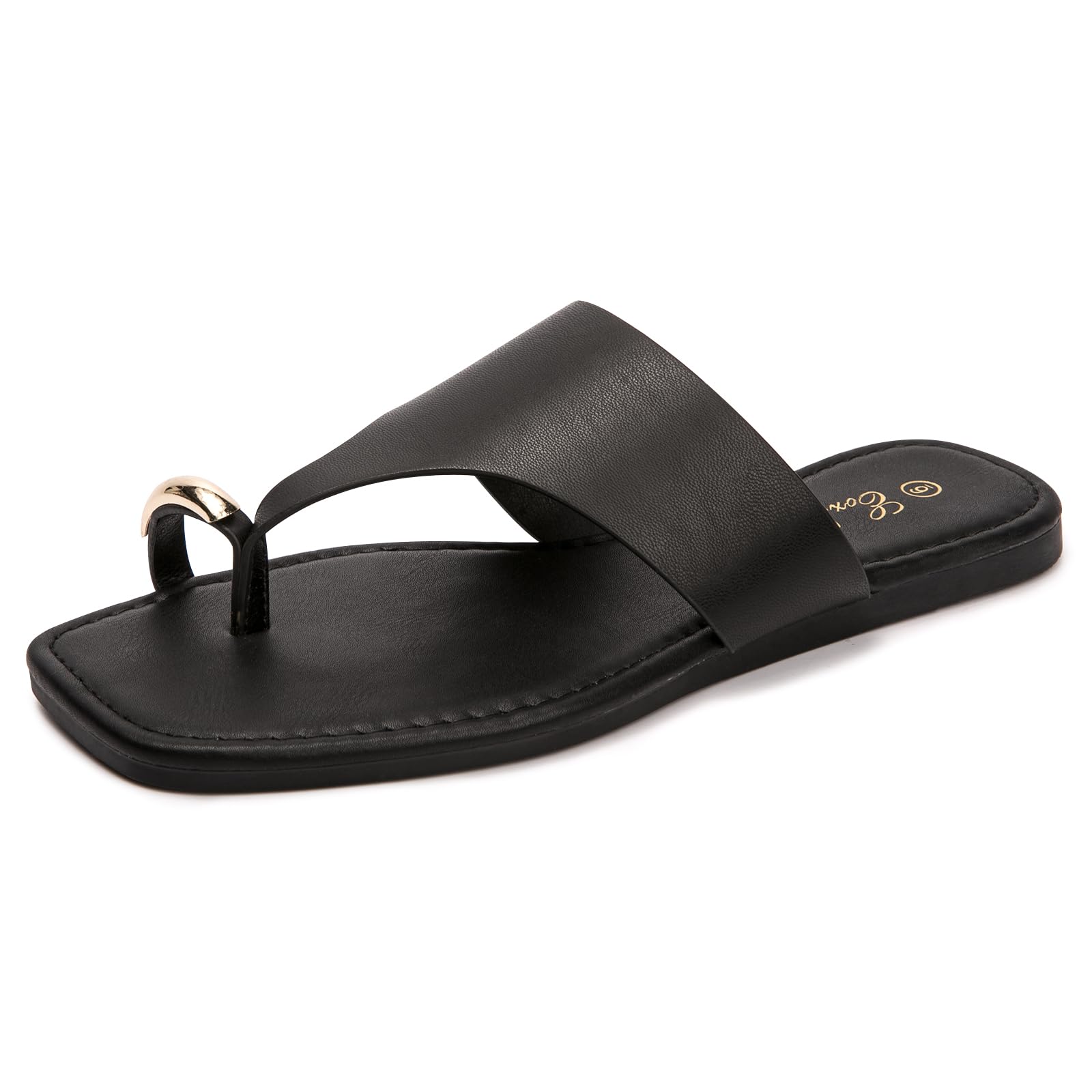 Eozlink Women's Toe Ring Flat Sandals, Slip On Dressy Summer Slides | PU Upper with Square Toe and Metal Accent for Resort and Casual Outfits