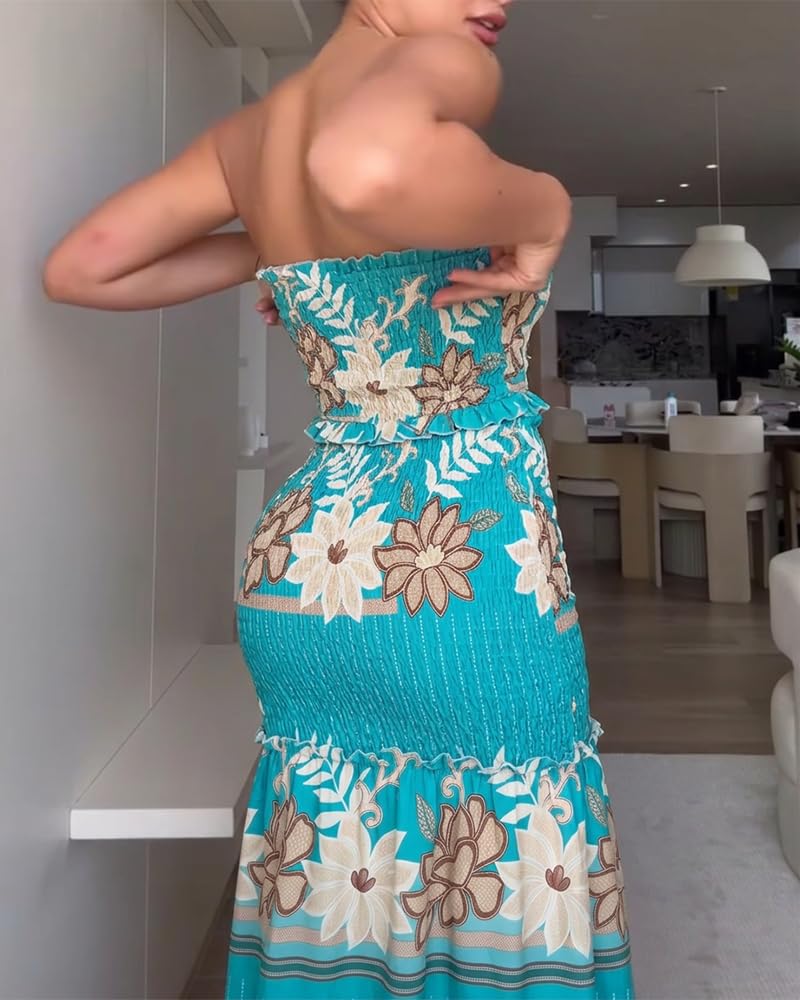 CHICME Floral Vacation Dress Halter Tie Ruched Womens Maxi Dress | Sleeveless Slim Dress, 3-Way Tie: Halter, Bow or Strapless,Ruffle Mermaid Hem for Party,Vacation,Wedding Guest