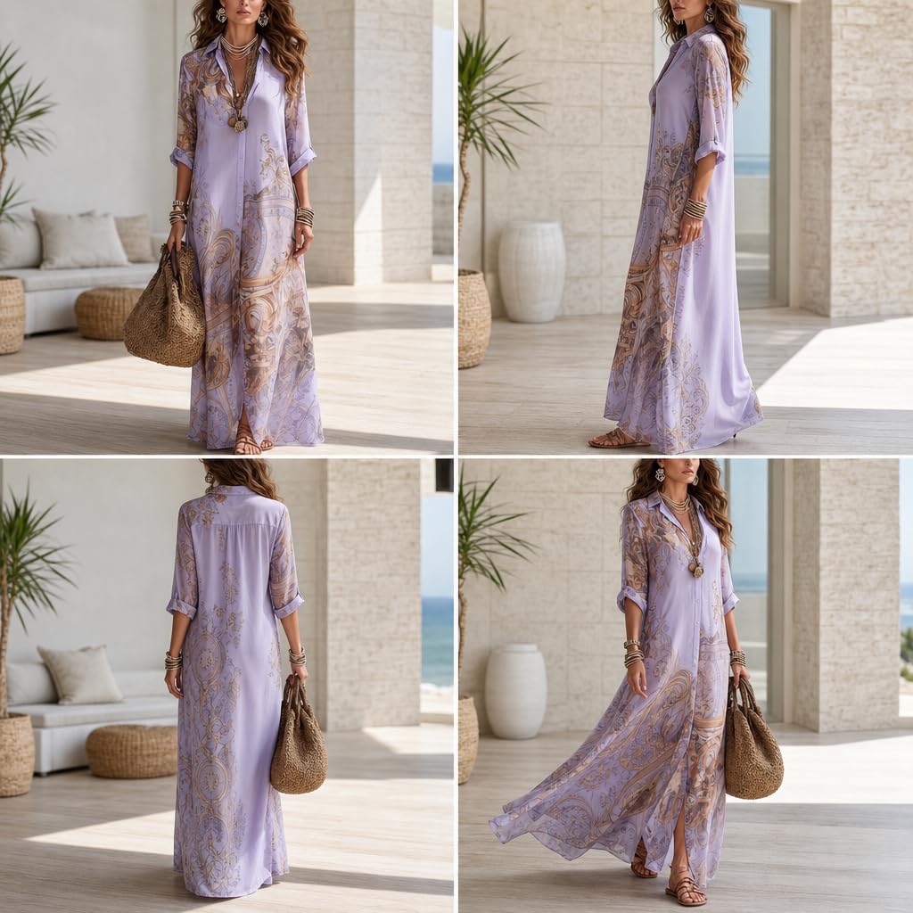 Women's Baroque Print Maxi Shirt Dress V Neck 3/4 Sleeve Button Down Flowy Casual Loose Boho Long Dress