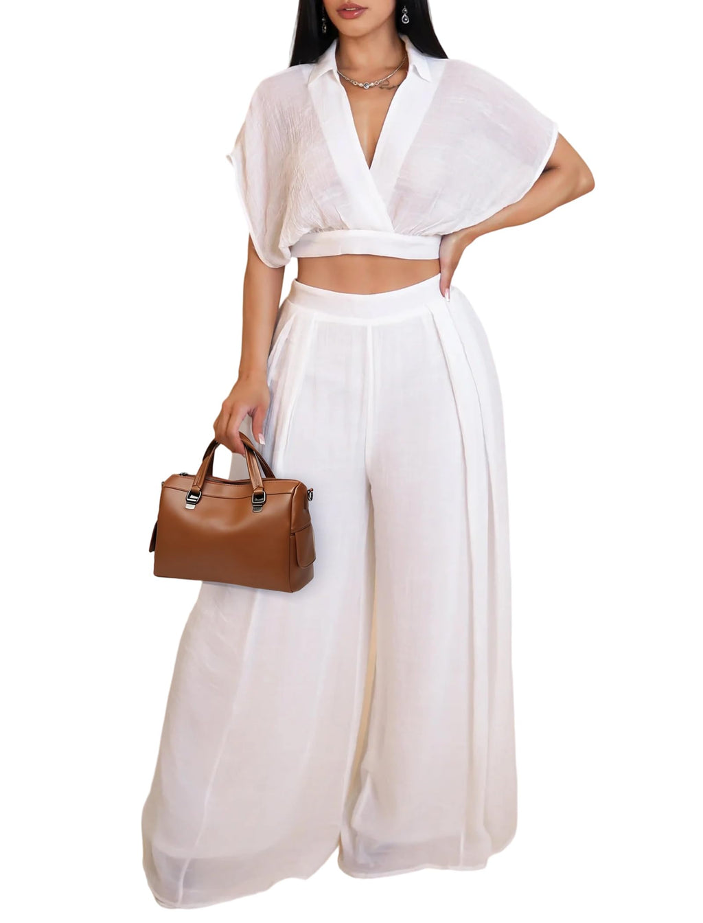 Ekaliy Women Two Piece Crop Top Flowy Wide Leg Pants Set Summer Outfits | Lightweight breathable fabric,batwing V-neck crop top,elastic waist wide leg lined pants with pockets for casual wear.