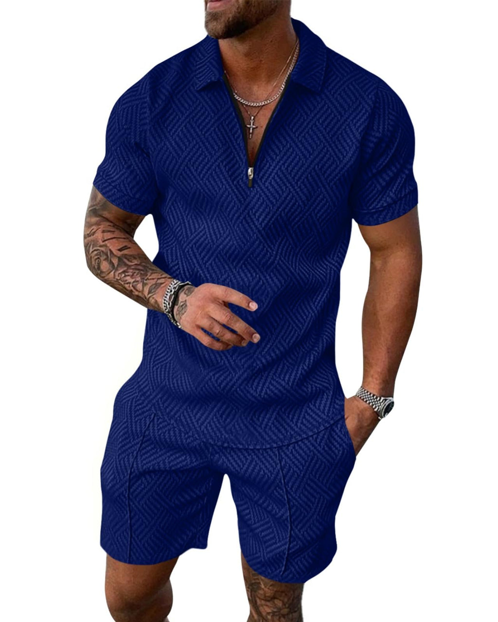 Aulemen Mens 2 Piece Zip Tracksuit Short Sleeve Set Summer Outfits for Men | Polo Shirt and Shorts Sets Activewear Short Set
