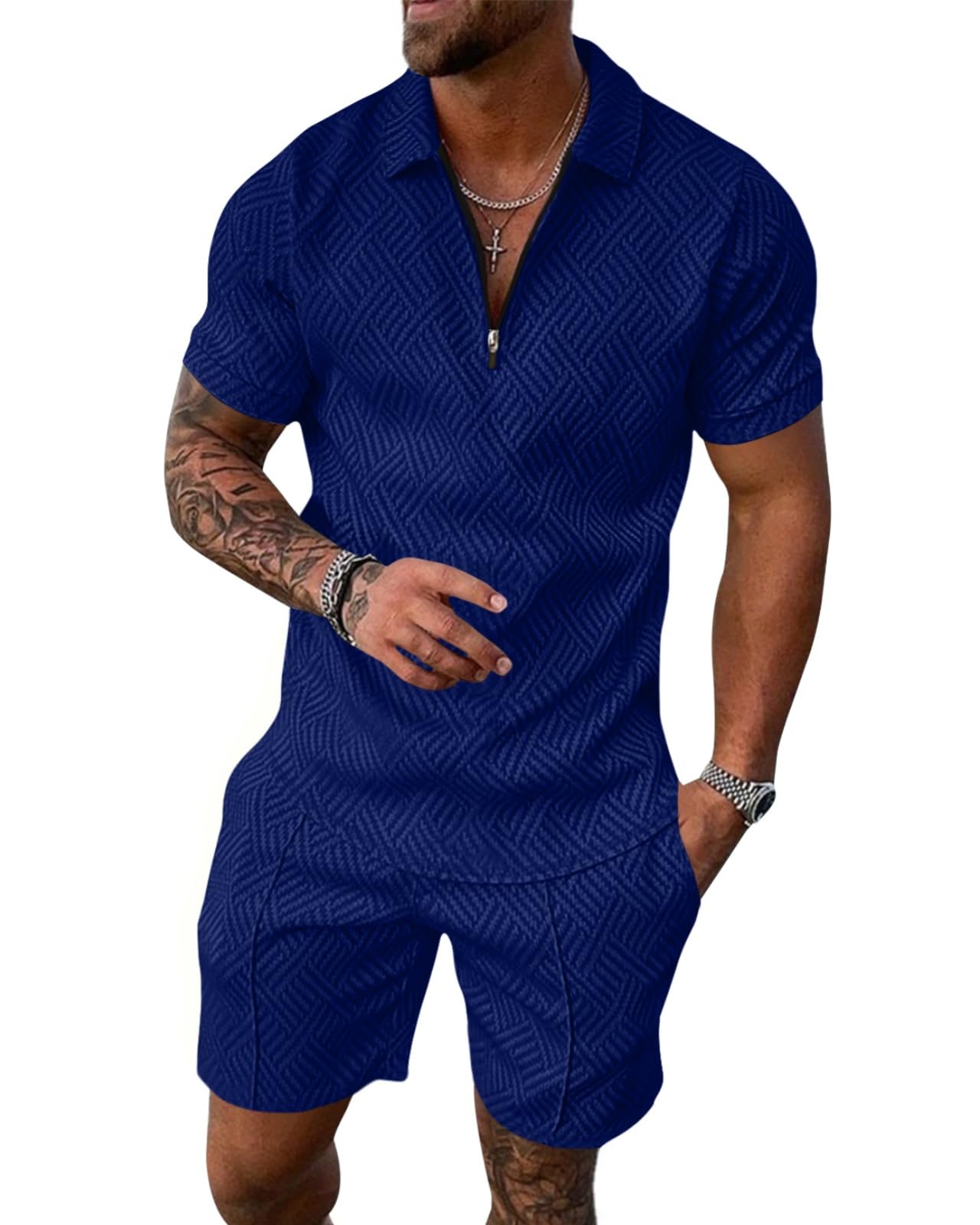 Aulemen Mens 2 Piece Zip Tracksuit Short Sleeve Set Summer Outfits for Men | Polo Shirt and Shorts Sets Activewear Short Set