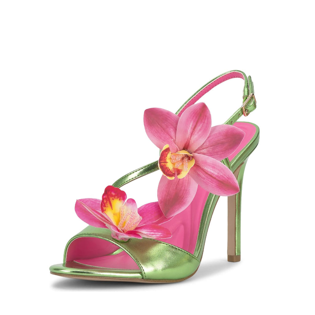 Flower High Heeled Sandals for Women Colorful Floral Open Toe Stiletto Heels Ankle Buckled Fashion Beach Dressy Spring Summer Shoes