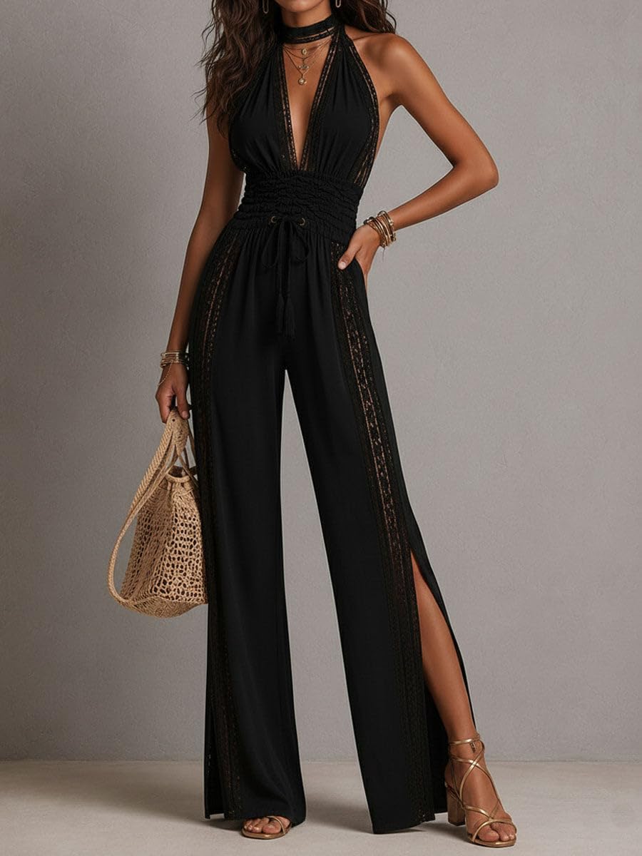 Jumpsuits for Women Dressy Halter Lace Top Wide Leg Pants Sexy Summer Vacation Club Party One Piece Outfit