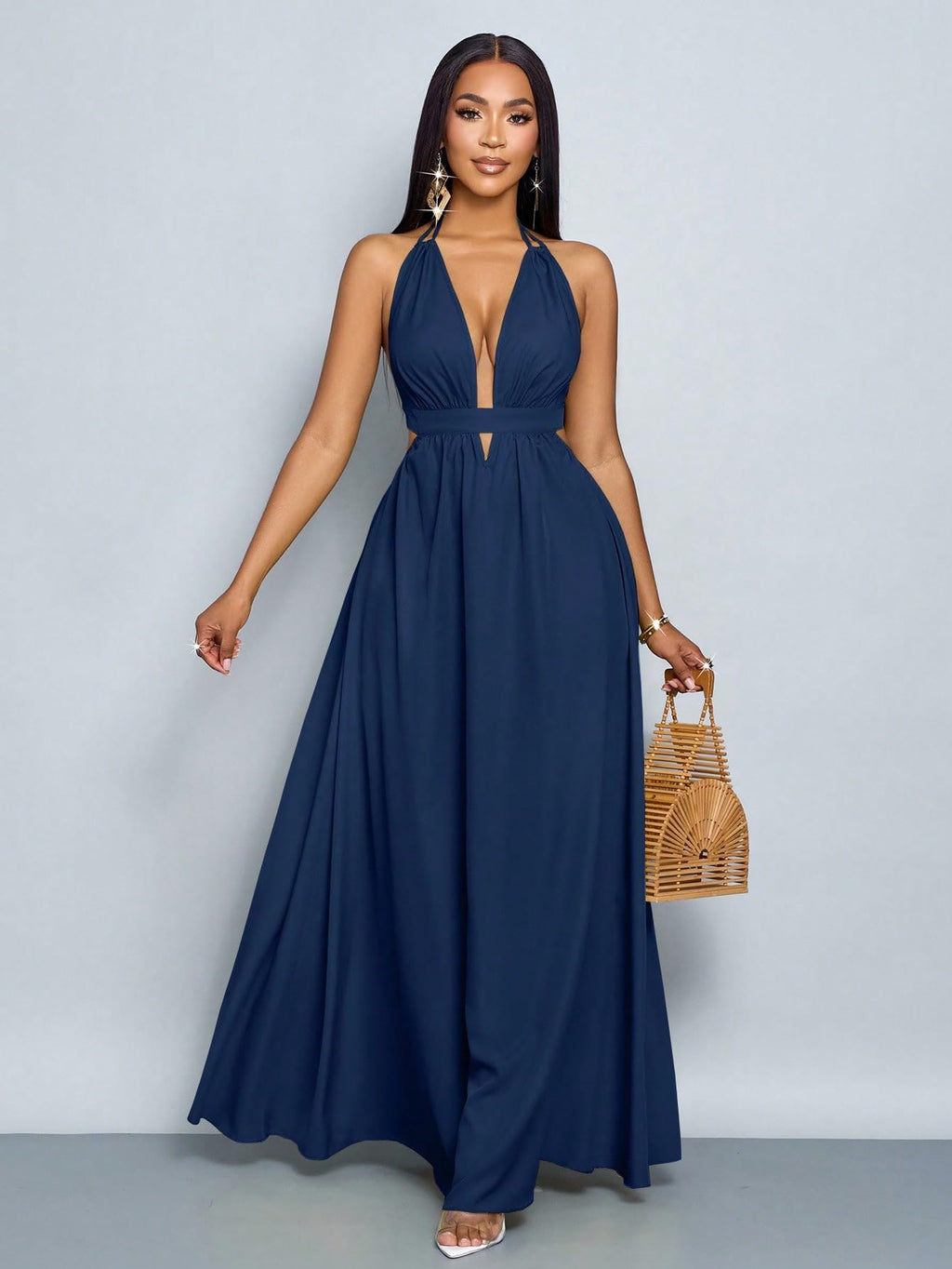 SKAYS Women's Summer Backless Tie-Waist Dress Solid Color Sexy V-Neck Beach Vacation Maxi Dress Formal Party Dress