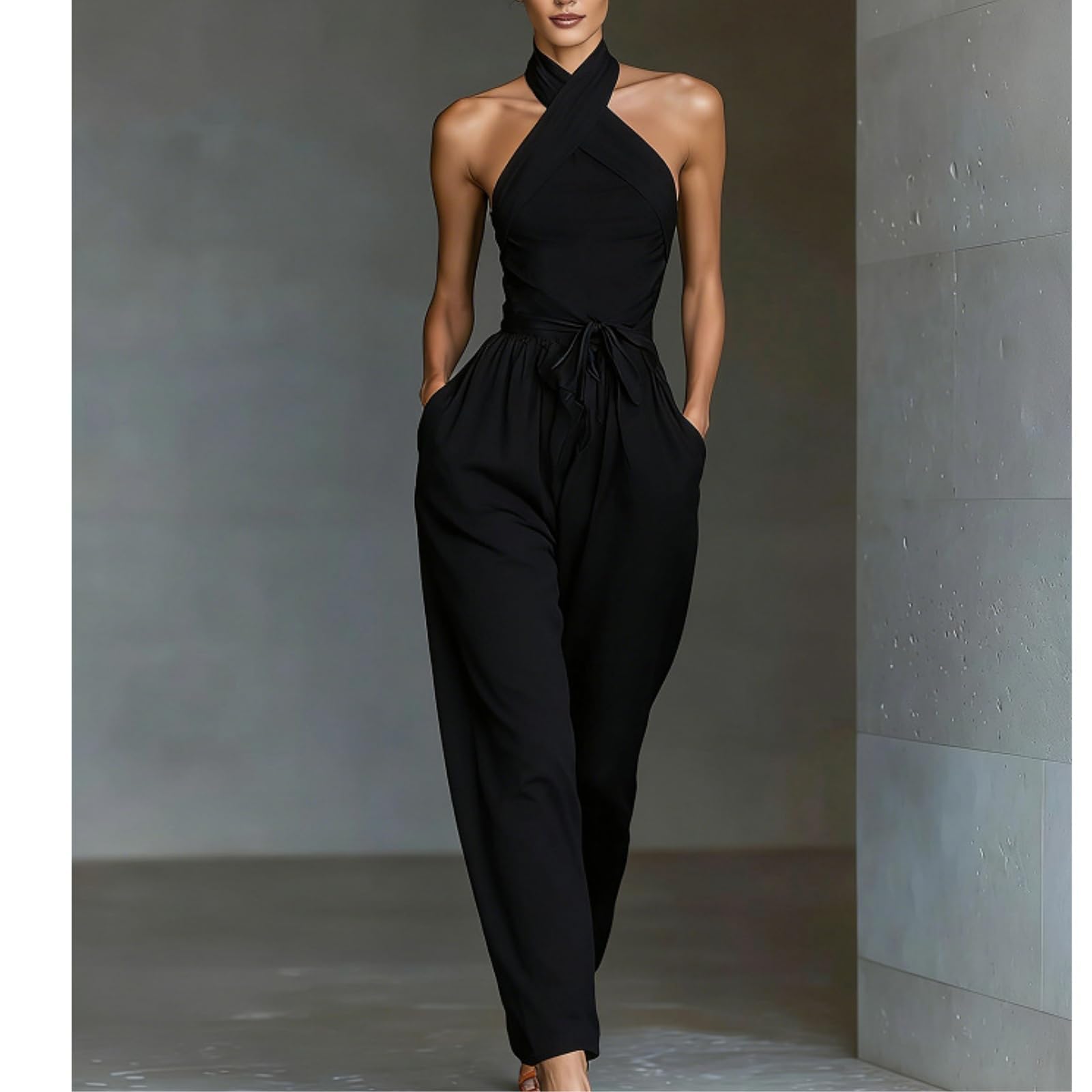 Backless Rompers for Women Casual Ink Printed Sleeveless High Waist Wide Leg Jumpsuit Sexy Halter Boho Vacation Party Outfits